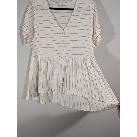 Cato Top Women Sz L Striped Short Sleeve V-Neck Boho Button Down Tunic Lagenlook - Picture 3 of 7